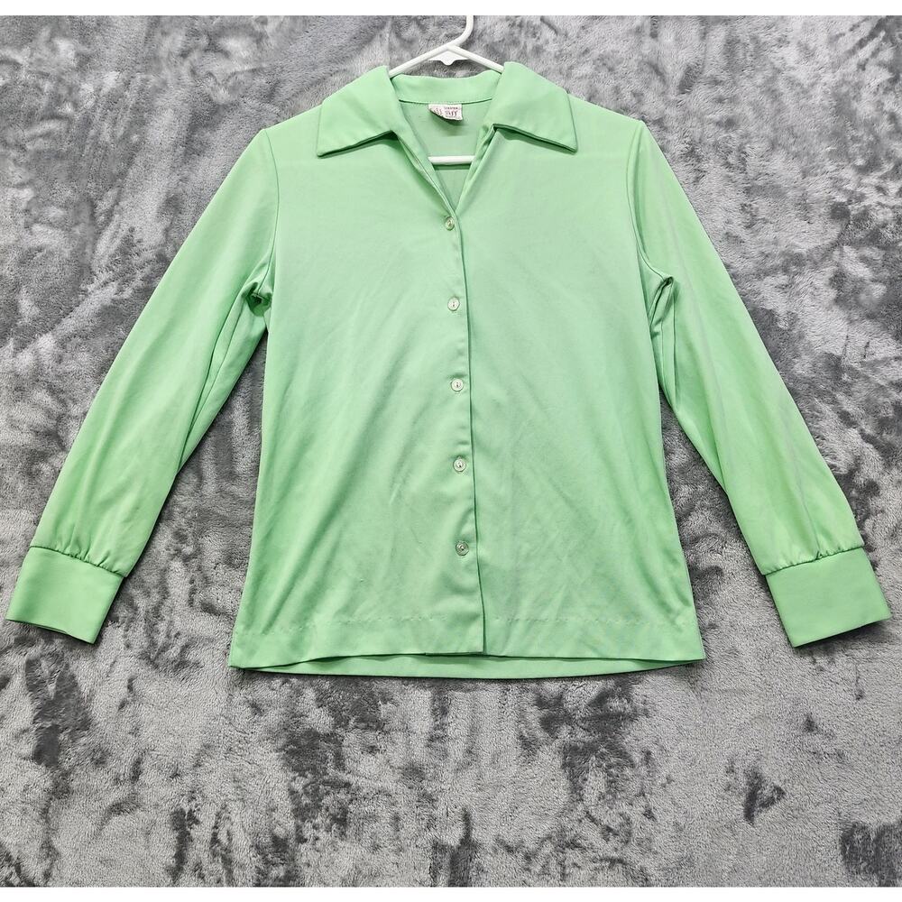Vintage 70s Graff‎ Californiawear Top Womens M Green Dagger Collar Long Sleeves